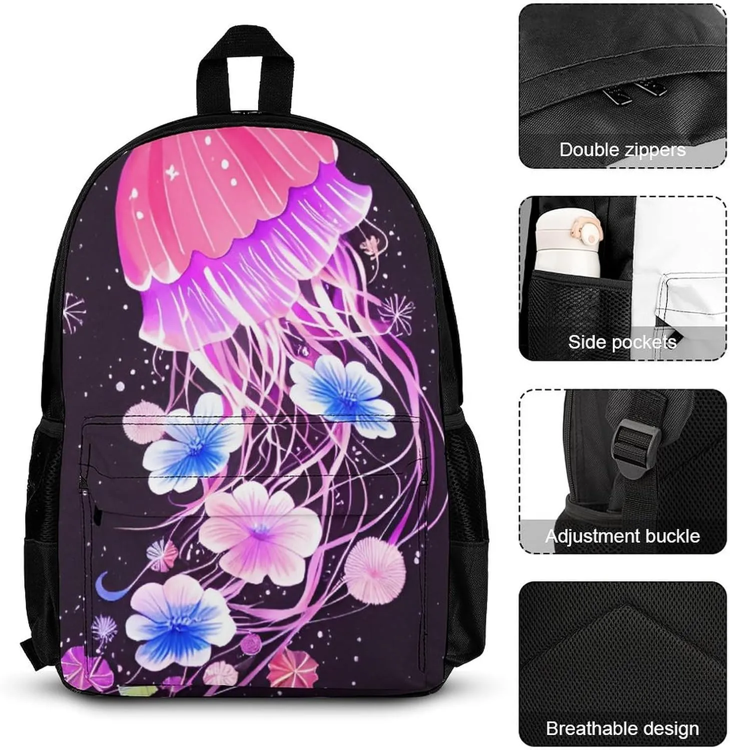 Supdreamc 3 Piece Backpack Sets Magic Flowers Ocean Jellyfish Pattern Travel Hiking Bag & Day Pack - Multipurpose Shoulder Bag Lunch Bag Pencil Case for College Men and Women