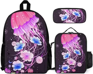 Supdreamc 3 Piece Backpack Sets Magic Flowers Ocean Jellyfish Pattern Travel Hiking Bag & Day Pack - Multipurpose Shoulder Bag Lunch Bag Pencil Case for College Men and Women