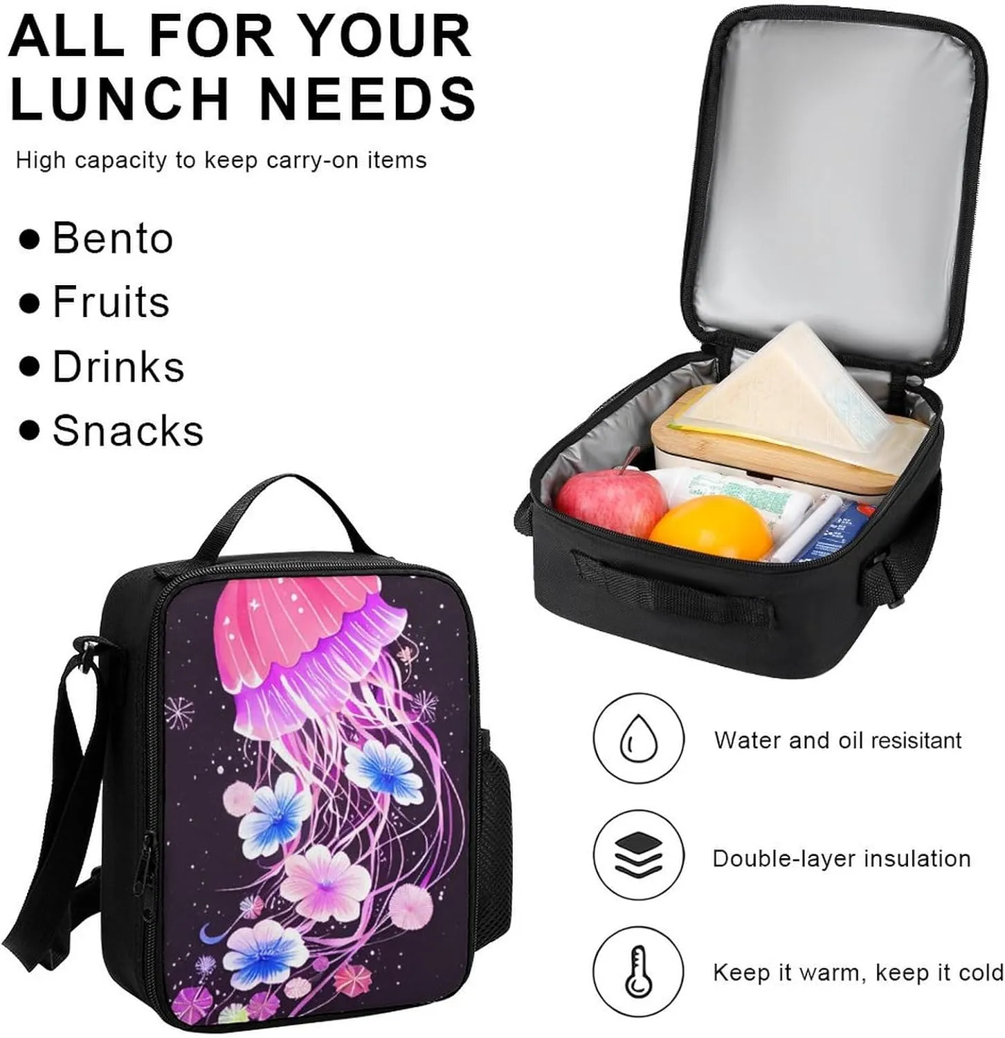 Supdreamc 3 Piece Backpack Sets Magic Flowers Ocean Jellyfish Pattern Travel Hiking Bag & Day Pack - Multipurpose Shoulder Bag Lunch Bag Pencil Case for College Men and Women