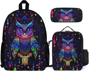 Supdreamc 3 Piece Daypack Cute Abstract Owl Psychedelic Art Travel Hiking Backpack Sets - Large Capacity Bookbag Lunch Bag Pencil Case for College Men and Women