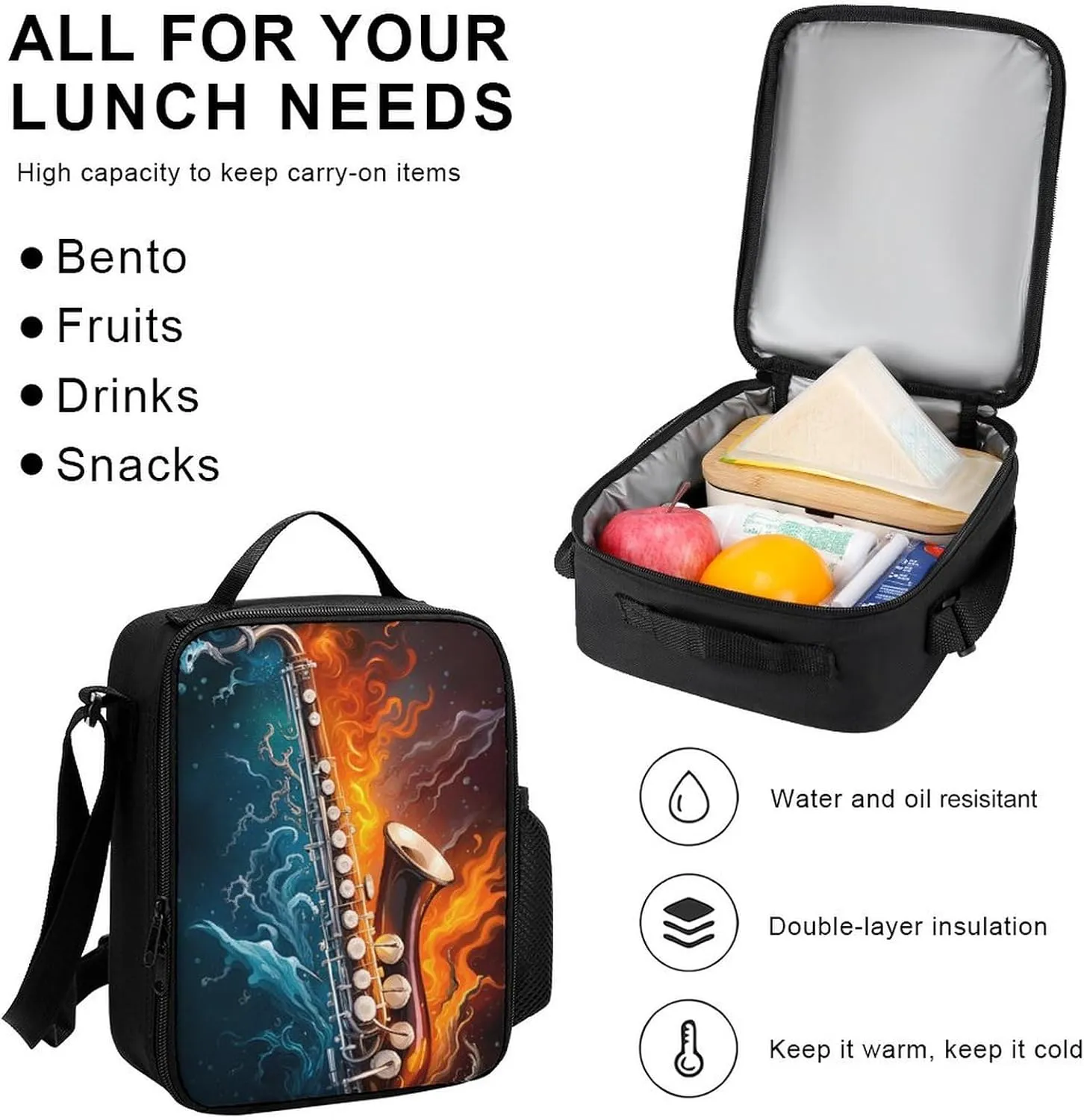 Supdreamc 3 Piece Daypack Saxophone In Fire And Water Art Travel Hiking Backpack Sets - Large Capacity Bookbag Lunch Bag Pencil Case for College Men and Women