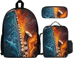 Supdreamc 3 Piece Daypack Saxophone In Fire And Water Art Travel Hiking Backpack Sets - Large Capacity Bookbag Lunch Bag Pencil Case for College Men and Women