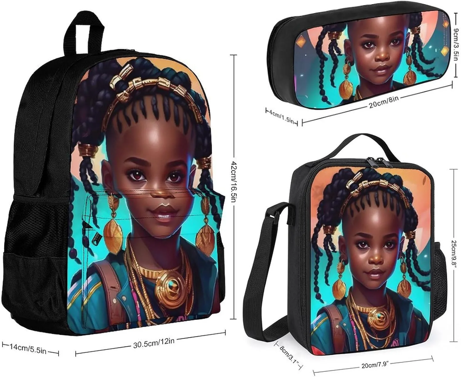Supdreamc Adults Daypack Sets - African American Black Women Woman Art Bookbag College Bookbag   Lunch Bag   Pencil Case Travel Bag & Day Pack, Gym Bag Laptop Backpack Daypack