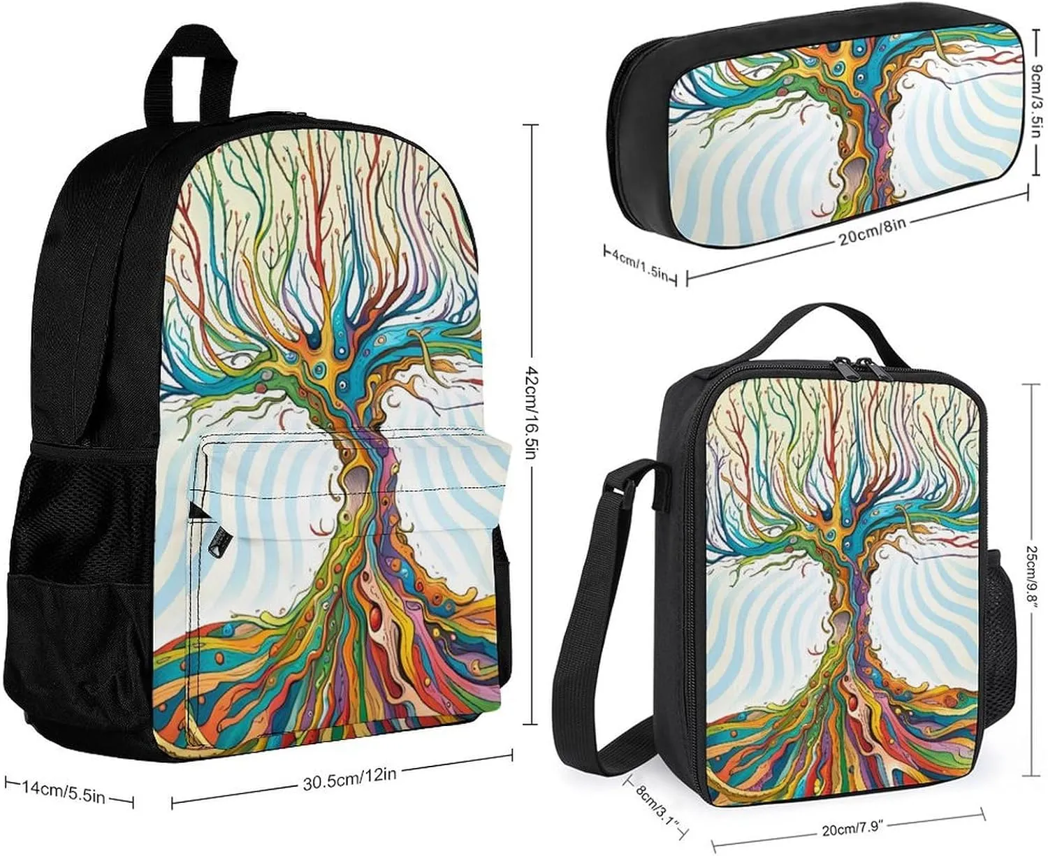 Supdreamc Adults Daypack Sets - Funky Tree Art Bookbag College Bookbag Travel Hiking Bag & Day Pack   Lunch Bag   Pencil Case, Backpack Daypack