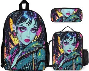Supdreamc Camping Outdoors Running Backpack Sets Daypack 3 Piece Multipurpose Backpack Lunch Bag Pencil Case Big Capacity Bookbag, Cartoon Woman Women Mystical Art