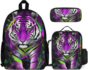 Supdreamc Trippy Tiger Animal Art Backpack Sets 3 piece Adults Mens Book Bag Lunch Bag Pencil Case, Hiking Fishing Computer Bag, One Size