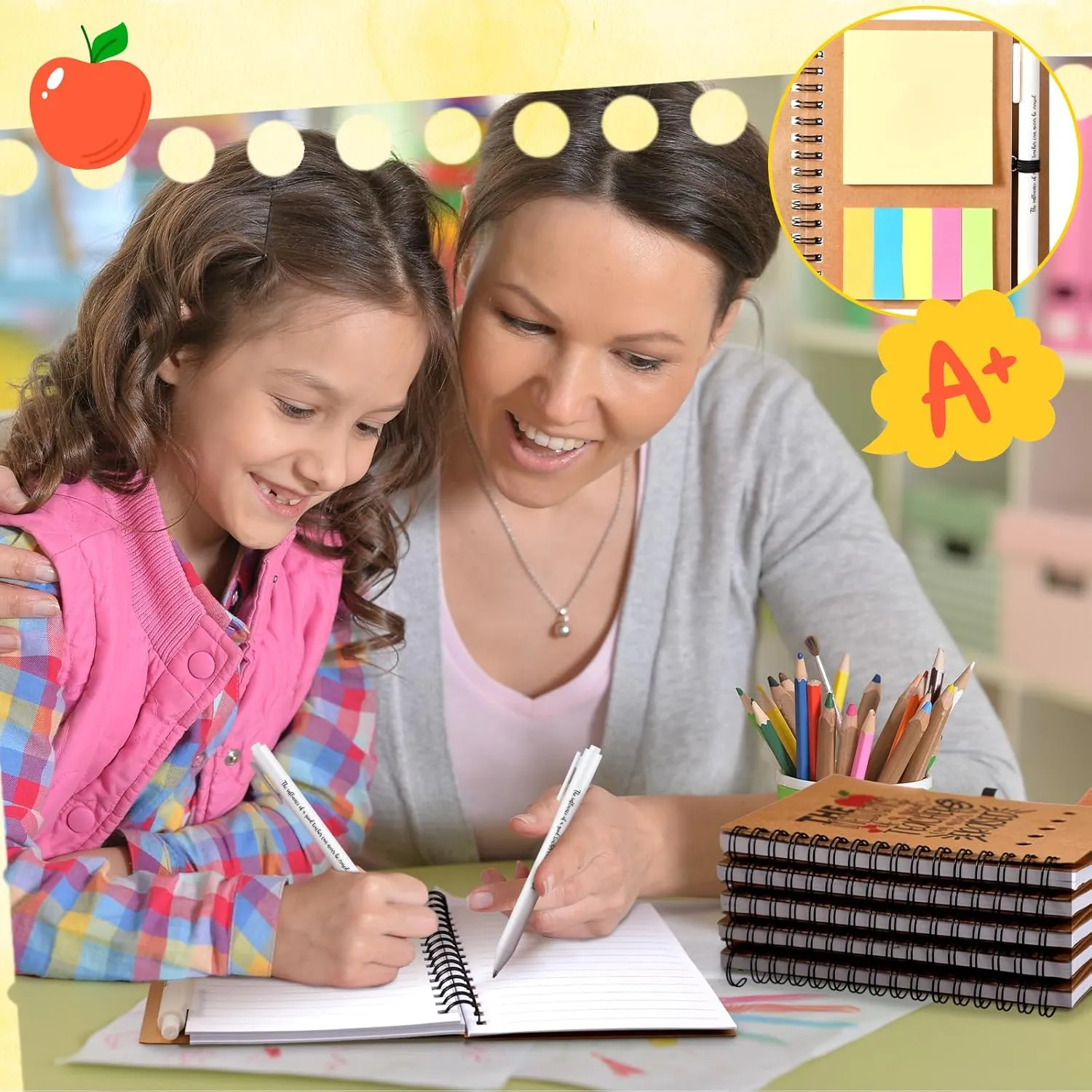Supervitae 12 Sets Teacher Appreciation Gifts in Bulk, Include 12 Teacher's Day Thick Spiral Notebook (100 Pages) with Built-in Sticky Note 12 Retractable Ballpoint Pens, Thank You Gift for Teachers