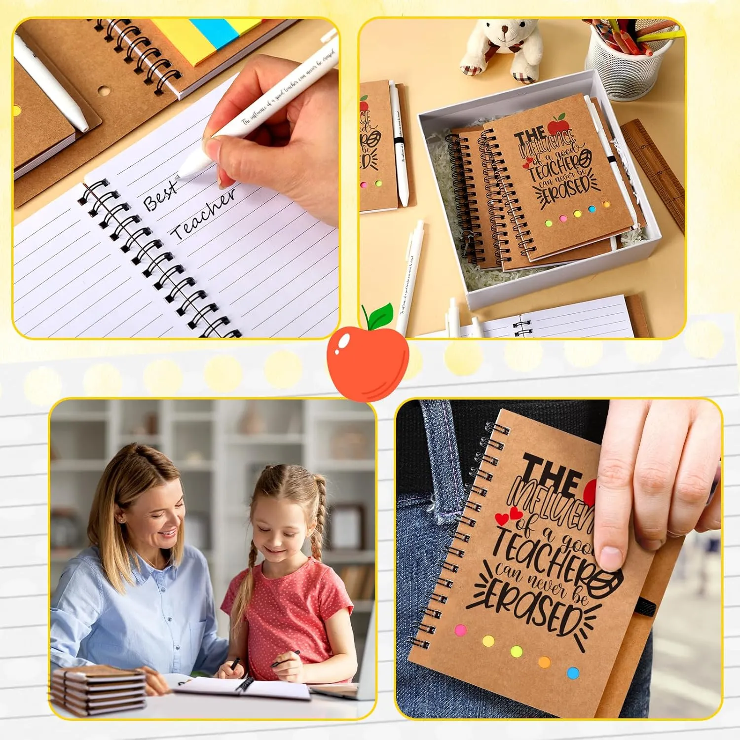 Supervitae 12 Sets Teacher Appreciation Gifts in Bulk, Include 12 Teacher's Day Thick Spiral Notebook (100 Pages) with Built-in Sticky Note 12 Retractable Ballpoint Pens, Thank You Gift for Teachers