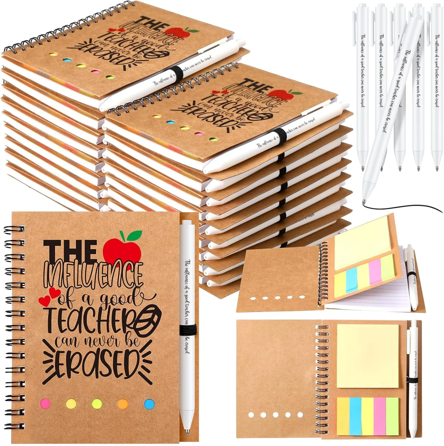 Supervitae 12 Sets Teacher Appreciation Gifts in Bulk, Include 12 Teacher's Day Thick Spiral Notebook (100 Pages) with Built-in Sticky Note 12 Retractable Ballpoint Pens, Thank You Gift for Teachers