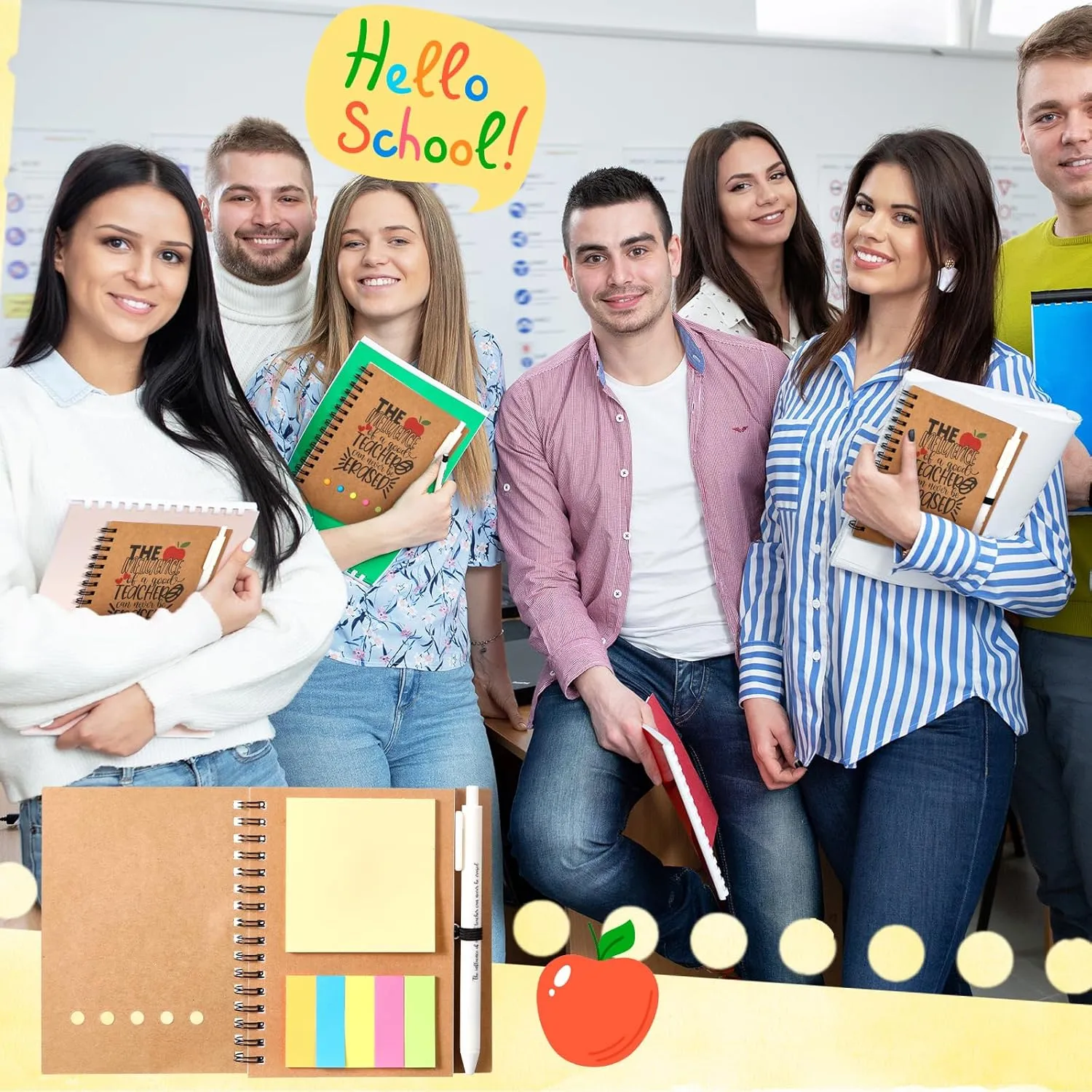 Supervitae 12 Sets Teacher Appreciation Gifts in Bulk, Include 12 Teacher's Day Thick Spiral Notebook (100 Pages) with Built-in Sticky Note 12 Retractable Ballpoint Pens, Thank You Gift for Teachers