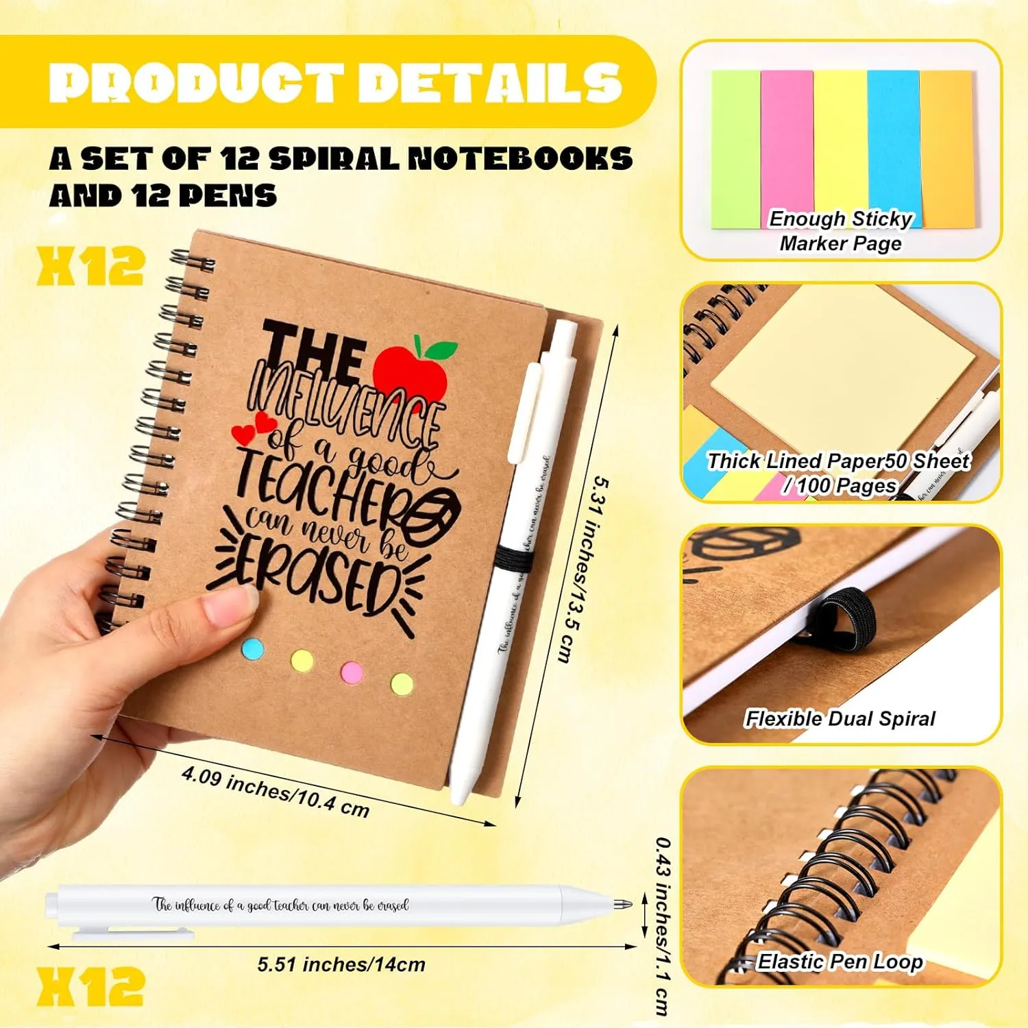 Supervitae 12 Sets Teacher Appreciation Gifts in Bulk, Include 12 Teacher's Day Thick Spiral Notebook (100 Pages) with Built-in Sticky Note 12 Retractable Ballpoint Pens, Thank You Gift for Teachers