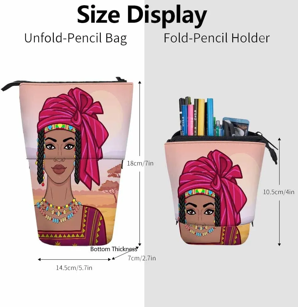 Swono African Woman Pencil Case Beautiful Turban Ancient Clothes Landscape Savanna Sunset Mountains Stand Up Pencil Case Pencil Holder Pencil Pouch For Women Men Colorful