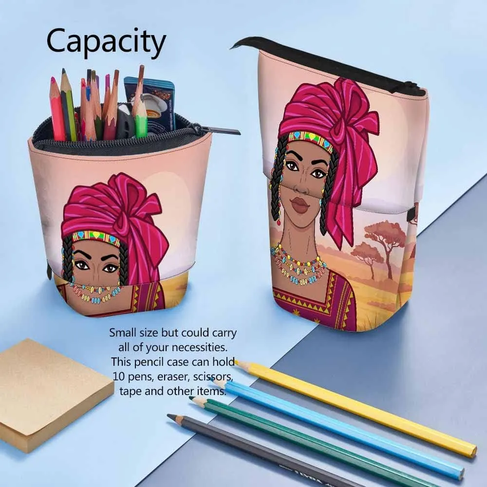 Swono African Woman Pencil Case Beautiful Turban Ancient Clothes Landscape Savanna Sunset Mountains Stand Up Pencil Case Pencil Holder Pencil Pouch For Women Men Colorful