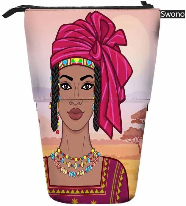 Swono African Woman Pencil Case Beautiful Turban Ancient Clothes Landscape Savanna Sunset Mountains Stand Up Pencil Case Pencil Holder Pencil Pouch For Women Men Colorful