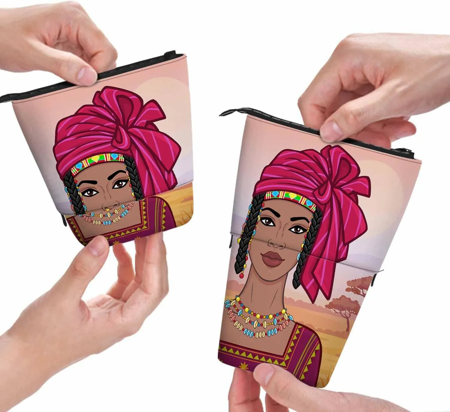 Swono African Woman Pencil Case Beautiful Turban Ancient Clothes Landscape Savanna Sunset Mountains Stand Up Pencil Case Pencil Holder Pencil Pouch For Women Men Colorful