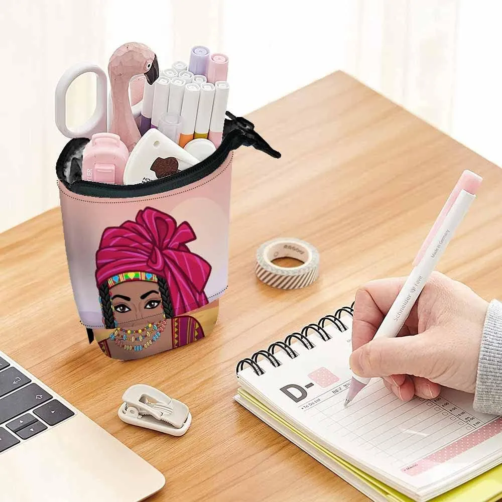 Swono African Woman Pencil Case Beautiful Turban Ancient Clothes Landscape Savanna Sunset Mountains Stand Up Pencil Case Pencil Holder Pencil Pouch For Women Men Colorful