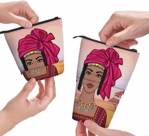 Swono African Woman Pencil Case Beautiful Turban Ancient Clothes Landscape Savanna Sunset Mountains Stand Up Pencil Case Pencil Holder Pencil Pouch For Women Men Colorful