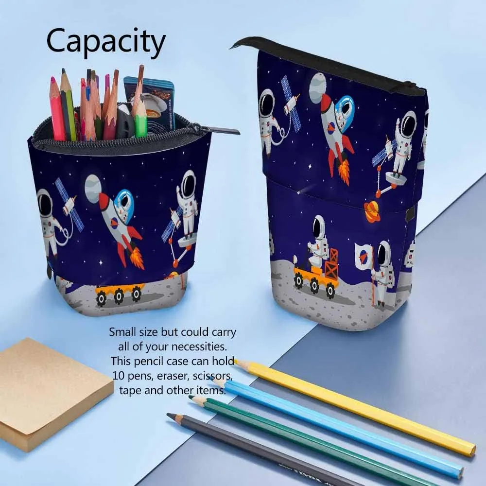 Swono Astronaut Characters Cute Pencil Case Cartoon Moon Space Man Human Spaceman Stand Up Pencil Case Organizer Cosmetics Pouch For Women Men Blue