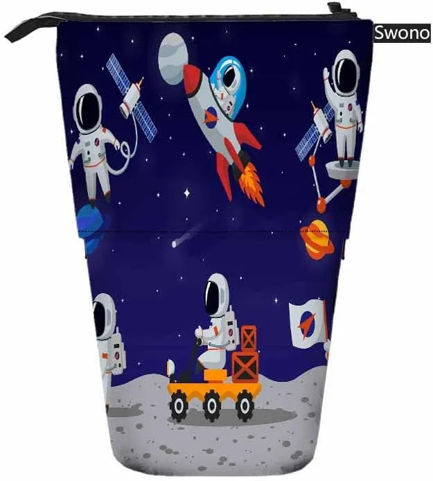 Swono Astronaut Characters Cute Pencil Case Cartoon Moon Space Man Human Spaceman Stand Up Pencil Case Organizer Cosmetics Pouch For Women Men Blue