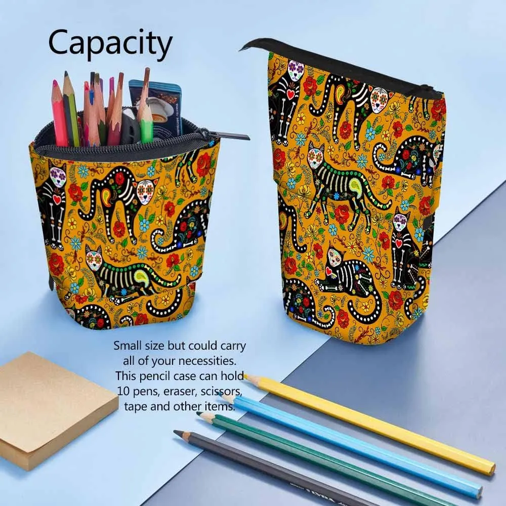 Swono Black Cats Pencil Case Calavera Sugar Skull Mexican Style Holiday Day Of The Dead Dia De Muertos Standing Pencil Case Pencil Pouch Pencil Holder
