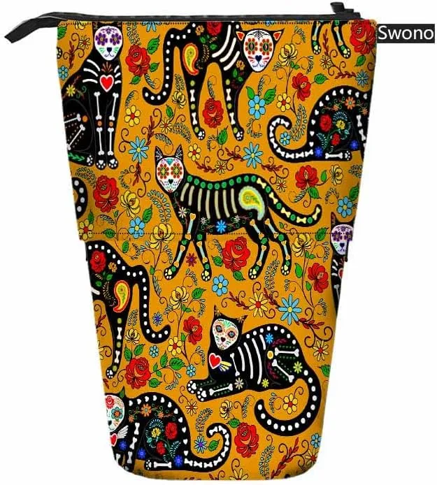 Swono Black Cats Pencil Case Calavera Sugar Skull Mexican Style Holiday Day Of The Dead Dia De Muertos Standing Pencil Case Pencil Pouch Pencil Holder