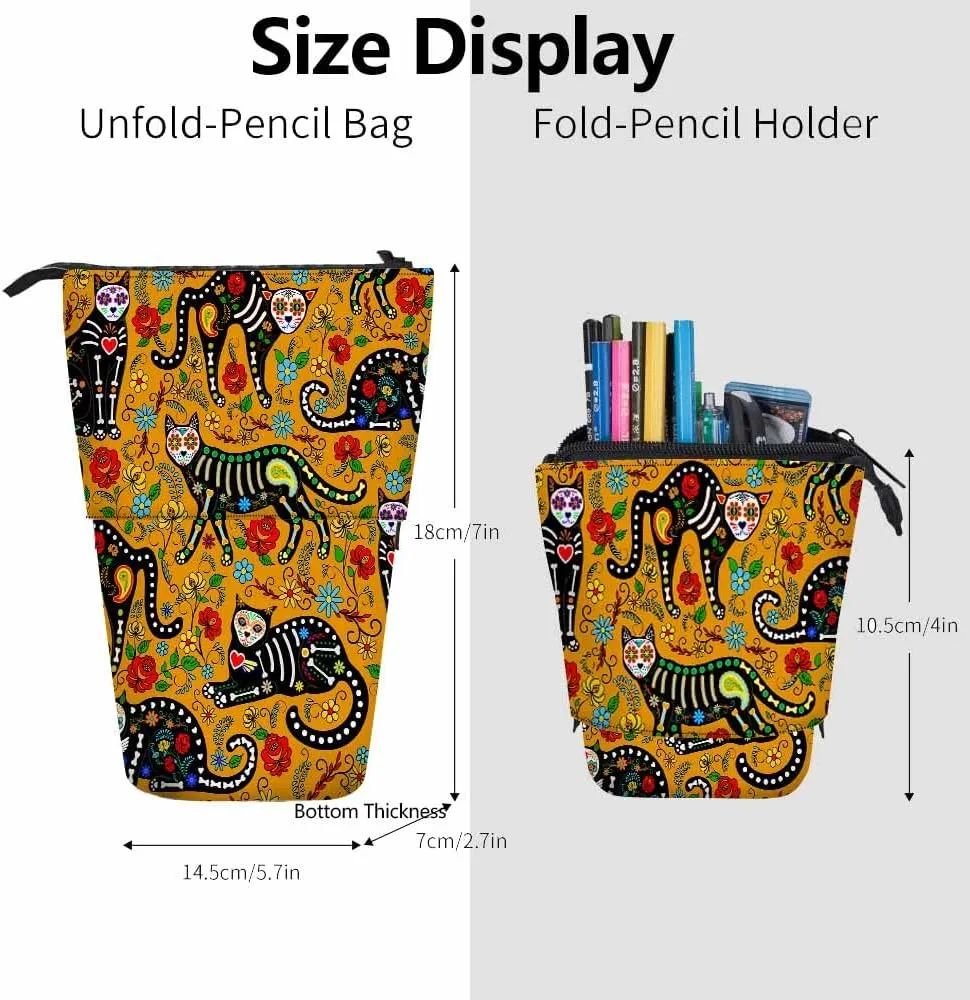 Swono Black Cats Pencil Case Calavera Sugar Skull Mexican Style Holiday Day Of The Dead Dia De Muertos Standing Pencil Case Pencil Pouch Pencil Holder