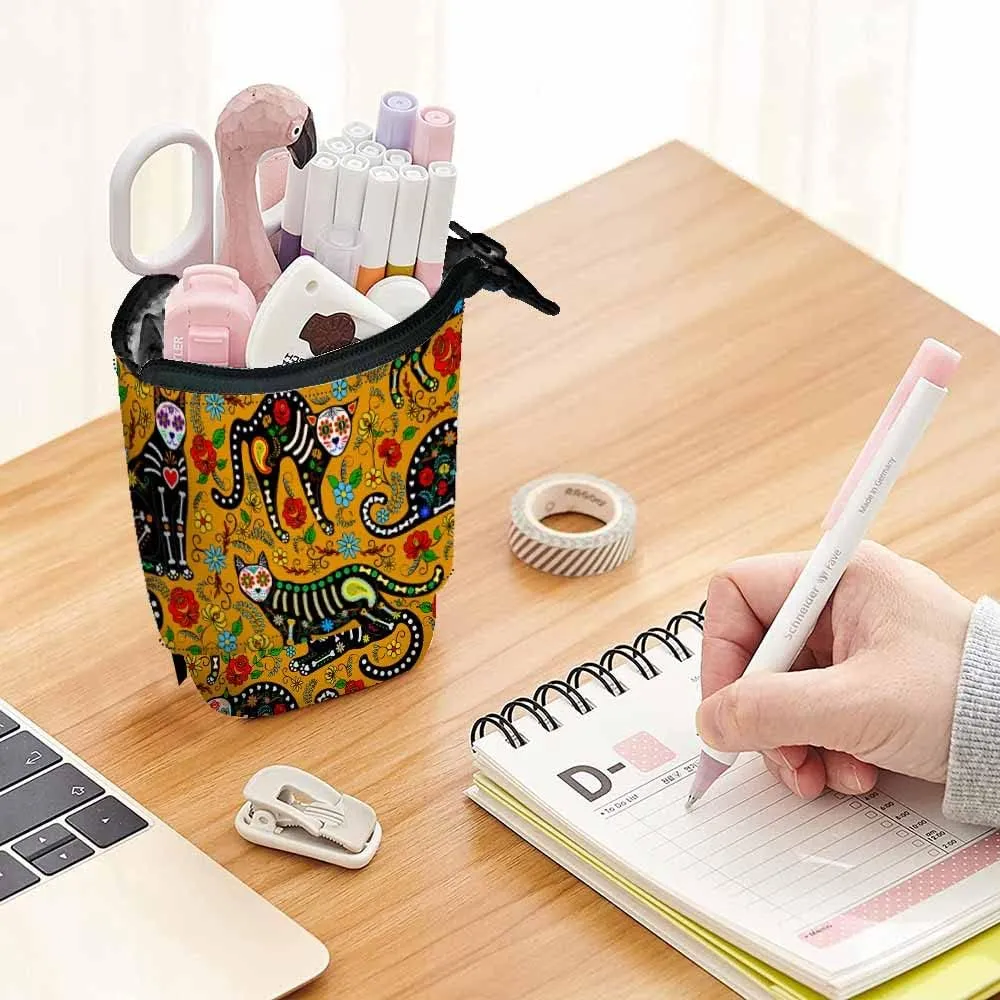 Swono Black Cats Pencil Case Calavera Sugar Skull Mexican Style Holiday Day Of The Dead Dia De Muertos Standing Pencil Case Pencil Pouch Pencil Holder