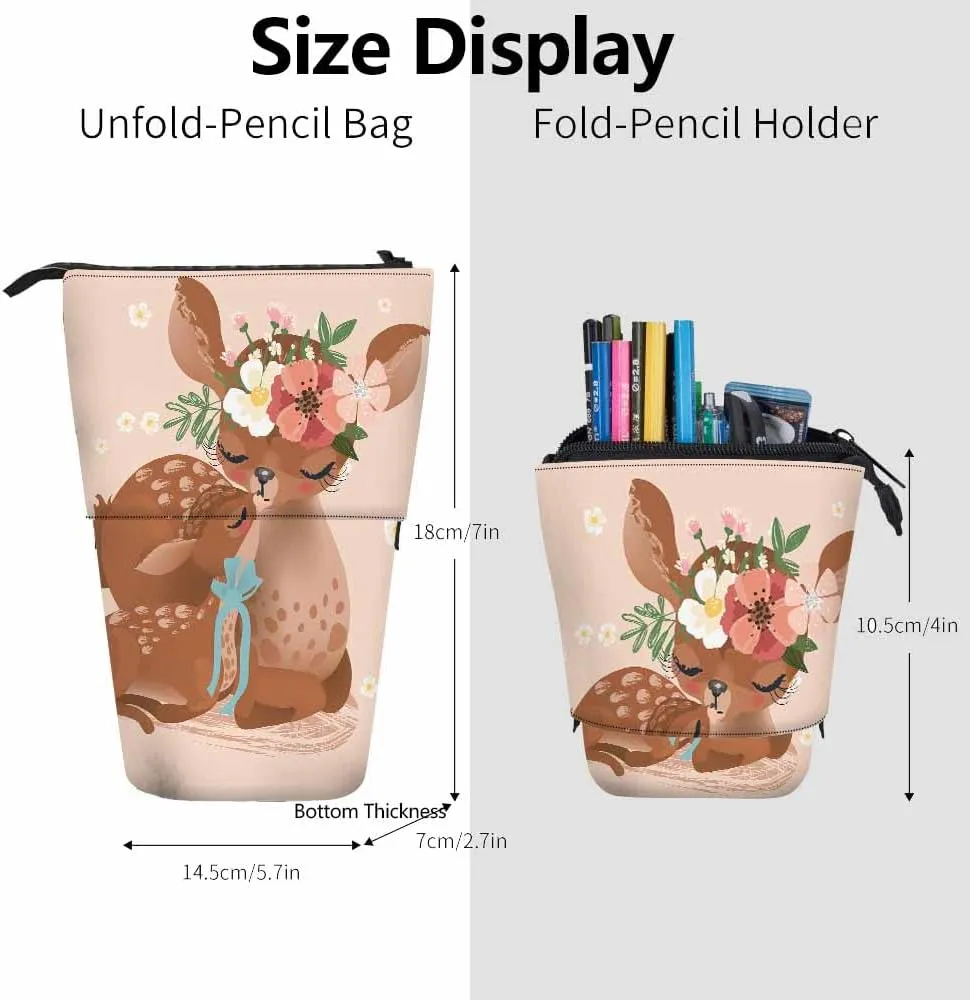 Swono Deer Mother Kids Pencil Pouch Cute Retro Fawn Stand Up Pencil Case Organizer Pencil Holder Makeup Bag Gift Beige