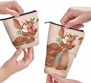 Swono Deer Mother Kids Pencil Pouch Cute Retro Fawn Stand Up Pencil Case Organizer Pencil Holder Makeup Bag Gift Beige