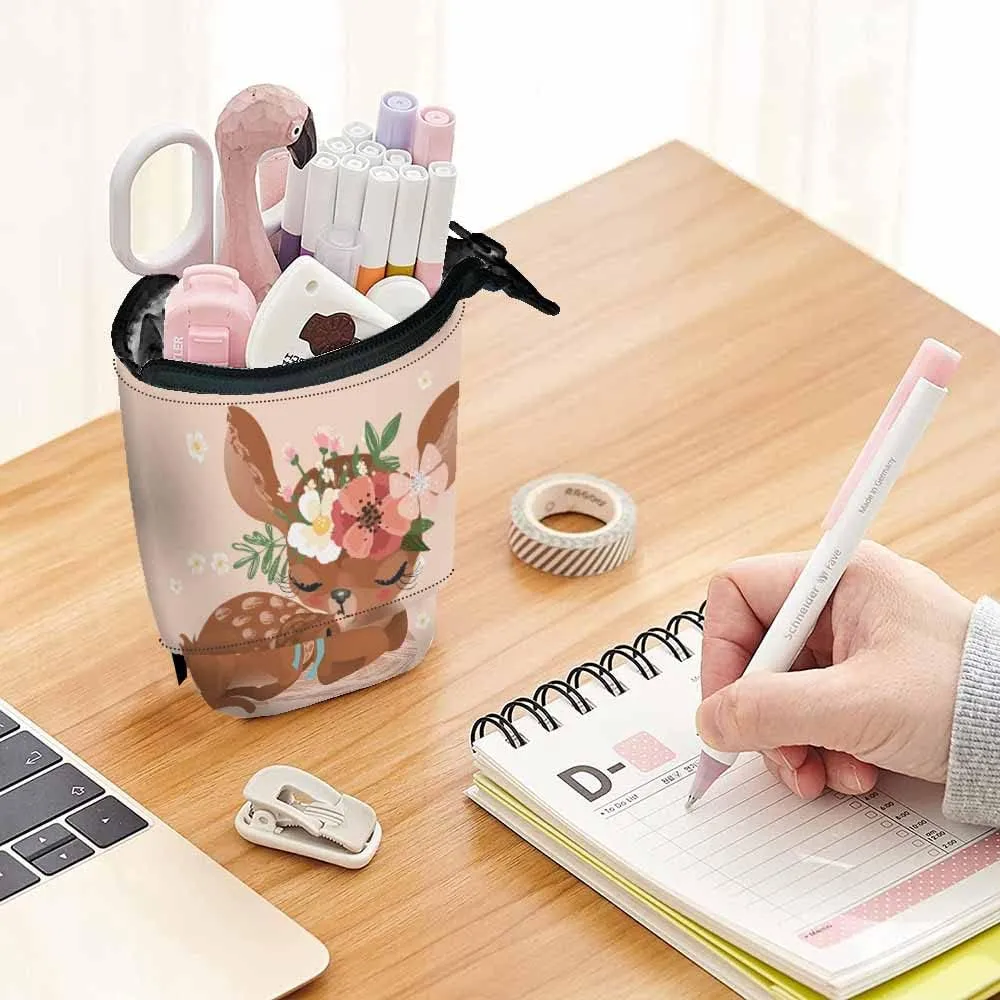 Swono Deer Mother Kids Pencil Pouch Cute Retro Fawn Stand Up Pencil Case Organizer Pencil Holder Makeup Bag Gift Beige