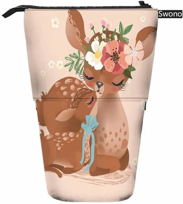 Swono Deer Mother Kids Pencil Pouch Cute Retro Fawn Stand Up Pencil Case Organizer Pencil Holder Makeup Bag Gift Beige