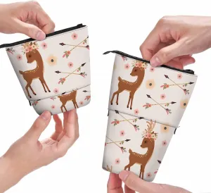 Swono Deer Pencil Holder Wreath Head Crossed Arrows Ethnic Native American Stand Up Pencil Case Organizer Pencil Holder Makeup Bag Gift Brown