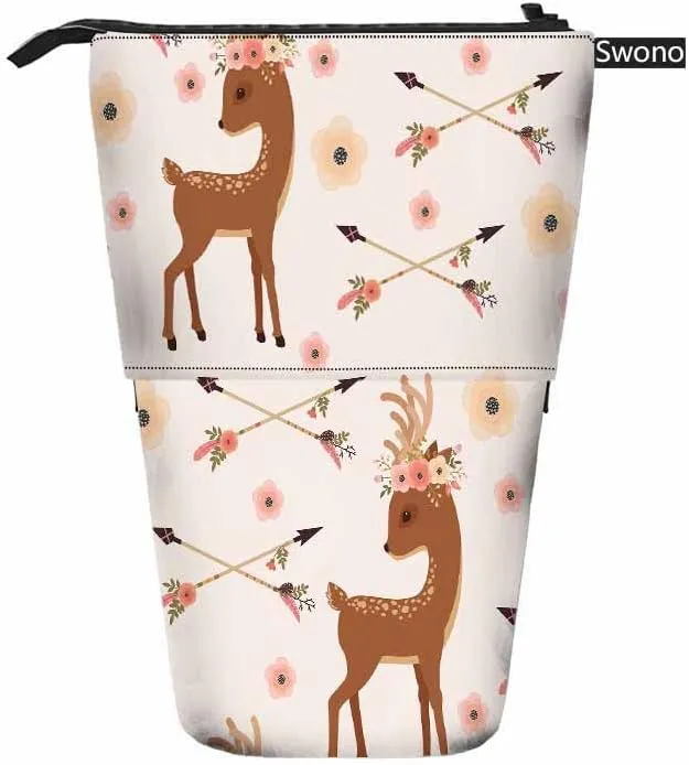 Swono Deer Pencil Holder Wreath Head Crossed Arrows Ethnic Native American Stand Up Pencil Case Organizer Pencil Holder Makeup Bag Gift Brown