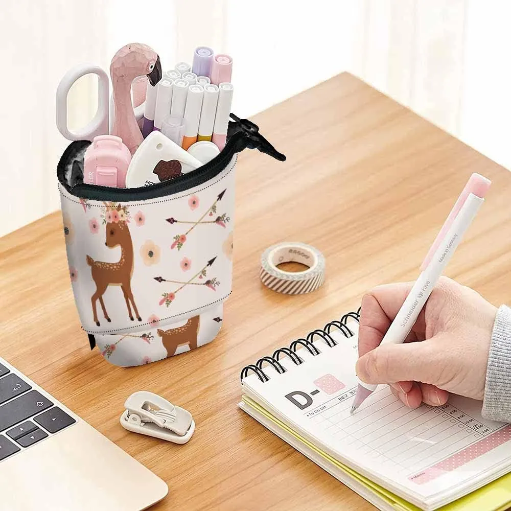 Swono Deer Pencil Holder Wreath Head Crossed Arrows Ethnic Native American Stand Up Pencil Case Organizer Pencil Holder Makeup Bag Gift Brown