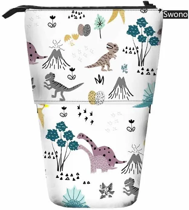 Swono Dinosaurs Cute Pencil Case Tropical Leaves Childish Cute Funny Cartoon Dino Standing Pencil Case Pencil Holder Pencil Pouch Cosmetics Pouch Makeup Office Bag Colorful