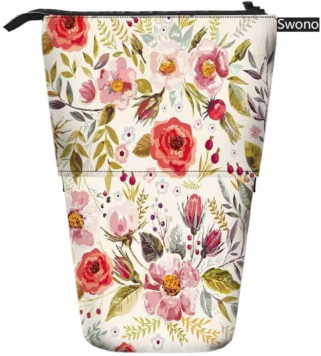 Swono Floral Colored Pencil Case Romantic Watercolor Blossoming Botanical Flowers Wreath Standing Pencil Case Pencil Pouch Pencil Holder Colorful