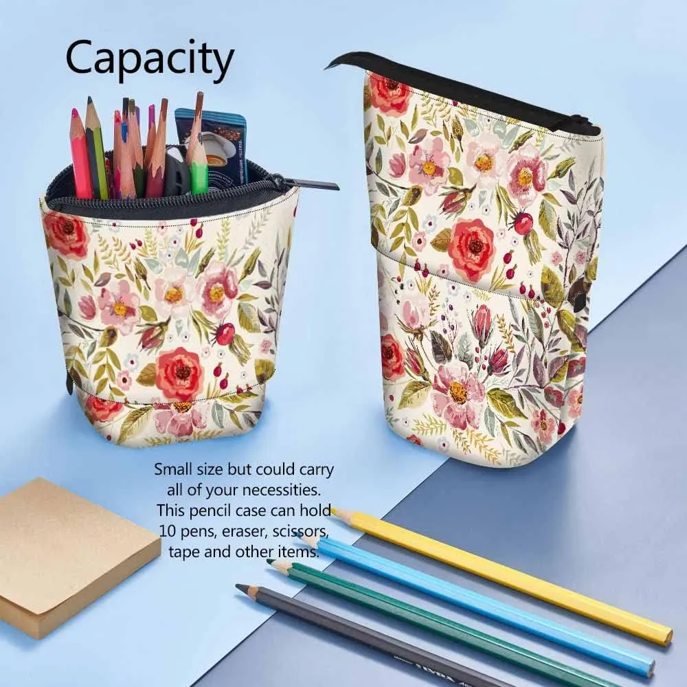 Swono Floral Colored Pencil Case Romantic Watercolor Blossoming Botanical Flowers Wreath Standing Pencil Case Pencil Pouch Pencil Holder Colorful
