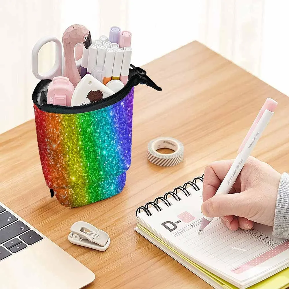 Swono Glitter Pencil Case Rainbow Stripe Standing Pencil Case Pencil Holder Pencil Pouch Cosmetics Pouch Makeup Office Bag Colorful