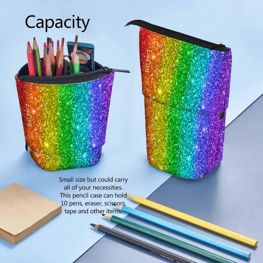 Swono Glitter Pencil Case Rainbow Stripe Standing Pencil Case Pencil Holder Pencil Pouch Cosmetics Pouch Makeup Office Bag Colorful
