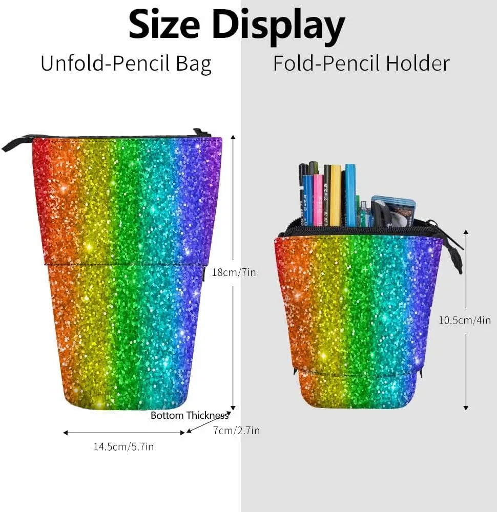 Swono Glitter Pencil Case Rainbow Stripe Standing Pencil Case Pencil Holder Pencil Pouch Cosmetics Pouch Makeup Office Bag Colorful