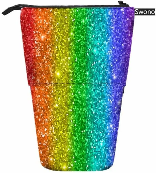 Swono Glitter Pencil Case Rainbow Stripe Standing Pencil Case Pencil Holder Pencil Pouch Cosmetics Pouch Makeup Office Bag Colorful