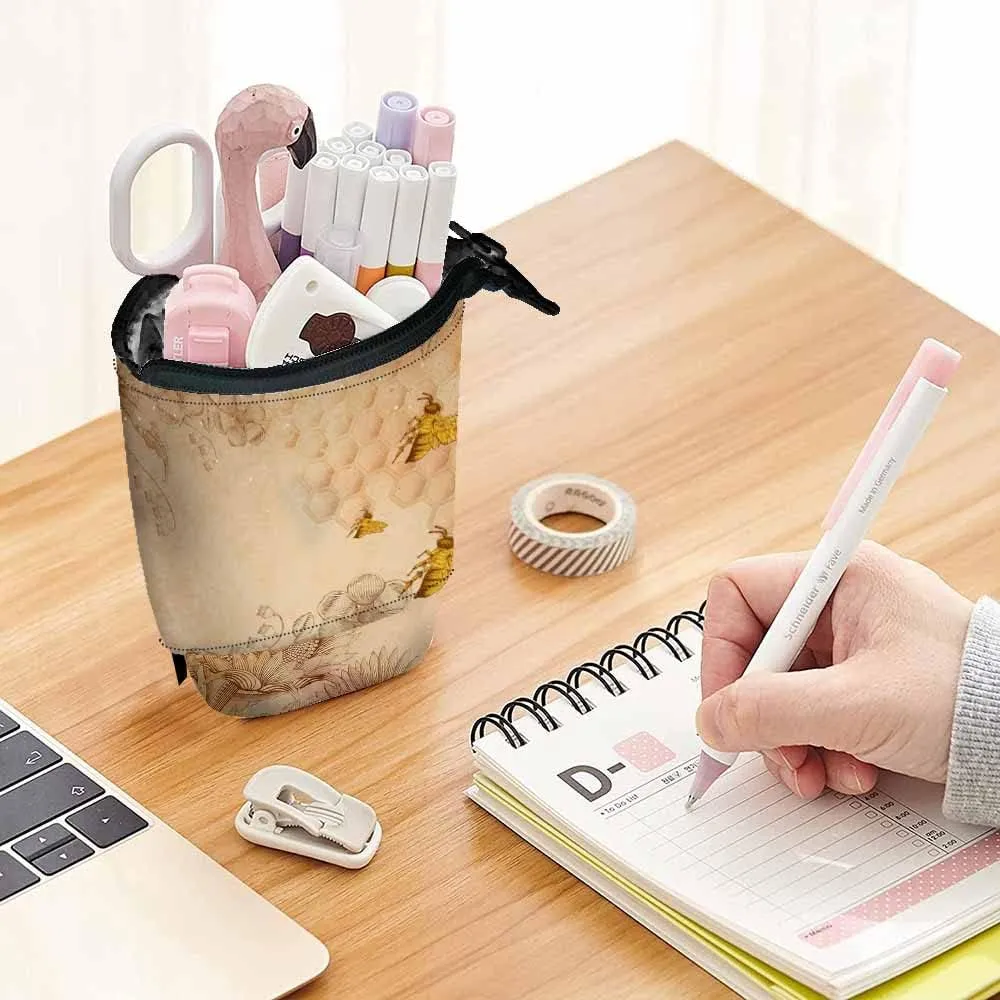 Swono Honey Bees Wildflowers Pencil Pouch Retro Etching Shading Stand Up Pencil Case Organizer Pencil Holder Cosmetics Pouch For Women Men Beige