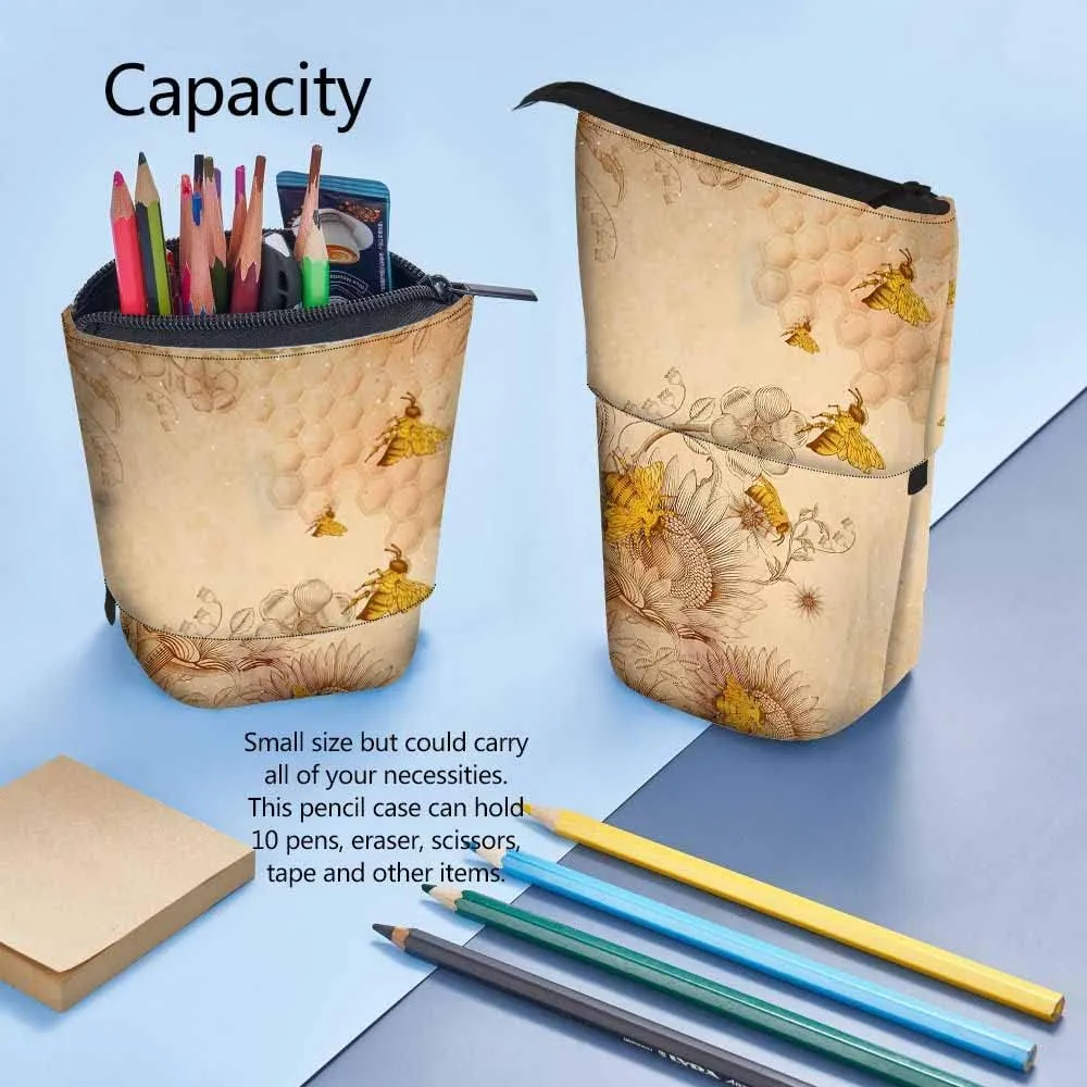 Swono Honey Bees Wildflowers Pencil Pouch Retro Etching Shading Stand Up Pencil Case Organizer Pencil Holder Cosmetics Pouch For Women Men Beige