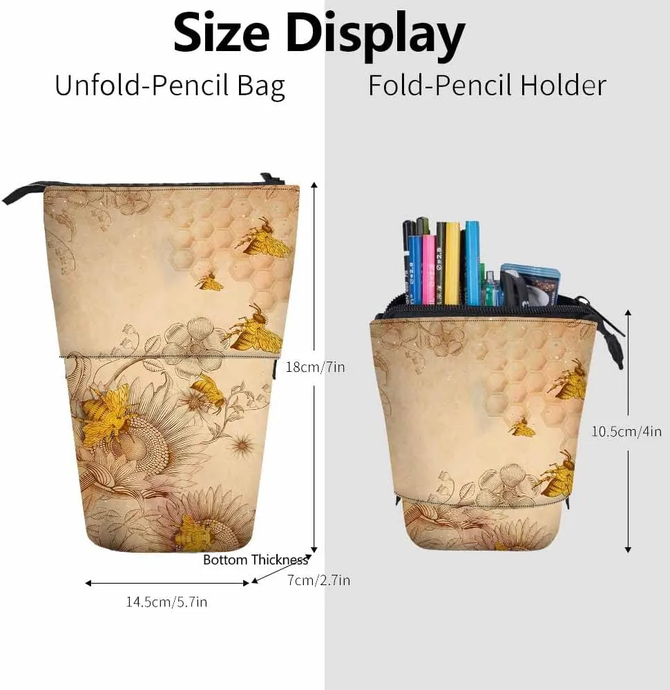 Swono Honey Bees Wildflowers Pencil Pouch Retro Etching Shading Stand Up Pencil Case Organizer Pencil Holder Cosmetics Pouch For Women Men Beige