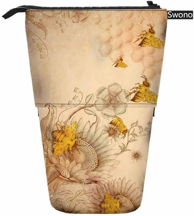 Swono Honey Bees Wildflowers Pencil Pouch Retro Etching Shading Stand Up Pencil Case Organizer Pencil Holder Cosmetics Pouch For Women Men Beige