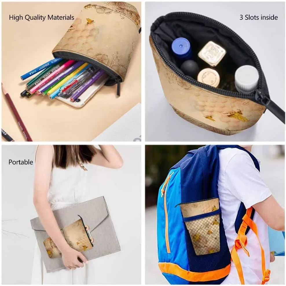 Swono Honey Bees Wildflowers Pencil Pouch Retro Etching Shading Stand Up Pencil Case Organizer Pencil Holder Cosmetics Pouch For Women Men Beige