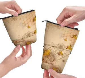 Swono Honey Bees Wildflowers Pencil Pouch Retro Etching Shading Stand Up Pencil Case Organizer Pencil Holder Cosmetics Pouch For Women Men Beige