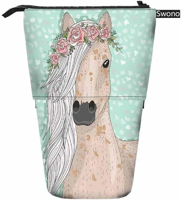 Swono Horse Flowers Pencil Case Cute Fairytale Standing Pencil Case Pencil Pouch Pencil Holder Mediumaquamarine