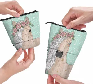 Swono Horse Flowers Pencil Case Cute Fairytale Standing Pencil Case Pencil Pouch Pencil Holder Mediumaquamarine