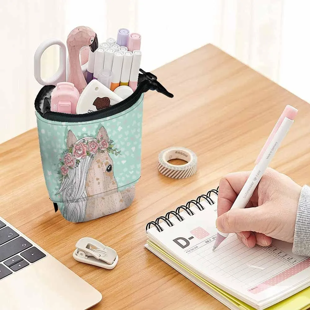 Swono Horse Flowers Pencil Case Cute Fairytale Standing Pencil Case Pencil Pouch Pencil Holder Mediumaquamarine